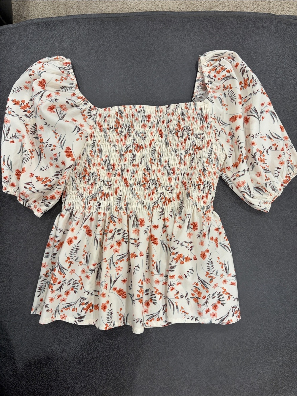SHEIN Cream Floral Smocked Square-Neck Peplum Top with Rust Accents
